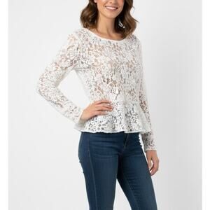 ZARA White Floral Lace Peplum Top Long Sleeve V-Back Pearl Cuff Blouse, Size S